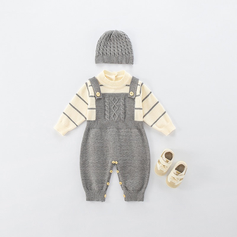 Grey Knitt dungaree Style Romper & Cap Set