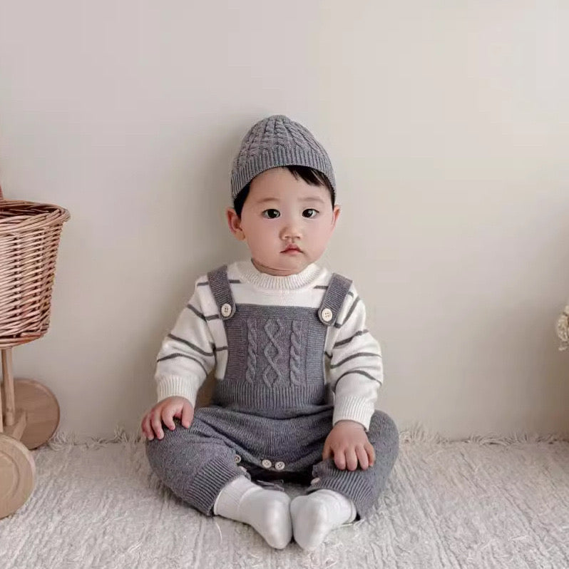 Grey Knitt dungaree Style Romper & Cap Set