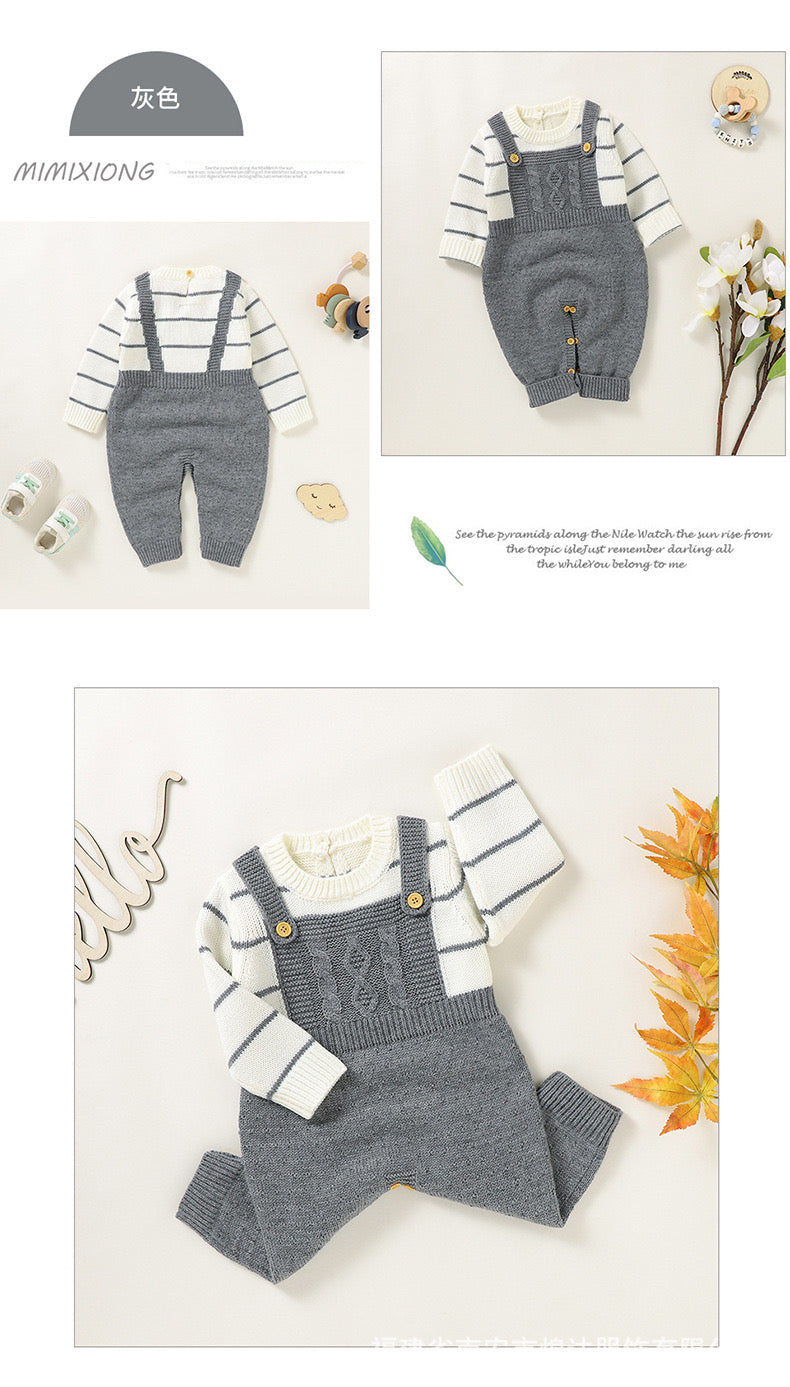 Grey Knitt dungaree Style Romper & Cap Set