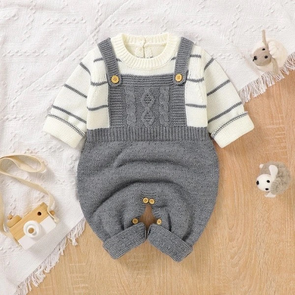 Grey Knitt dungaree Style Romper & Cap Set