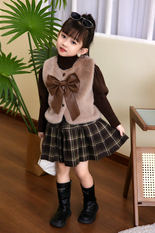 Korean Faux fur & Plaid skirt 4 Piece Set